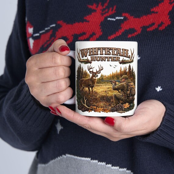 Whitetail Deer Hunting Scene Mug, Whitetail Buck and Rifle Hunter Coffee Cup additional view 5