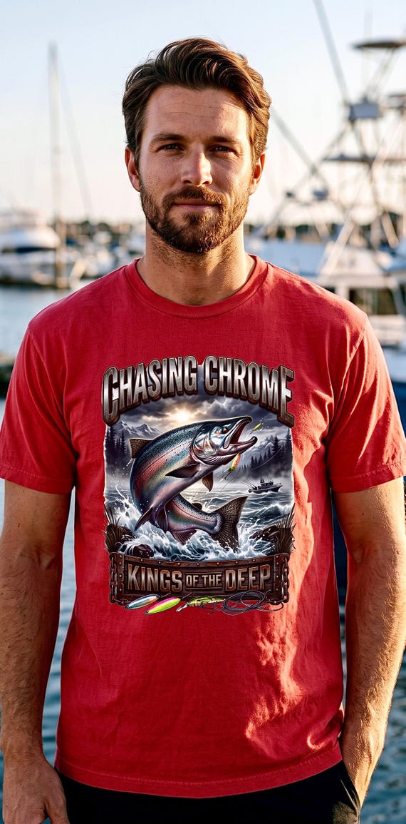 Salmon Chasing Chrome Kings Of The Deep Tee king salmon fishing shirt additional view 9