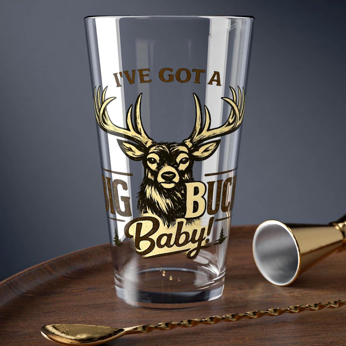 I've Got a Big Buck Baby Pint Glass, 16oz Mixing Glass, Deer Antler Design product photo