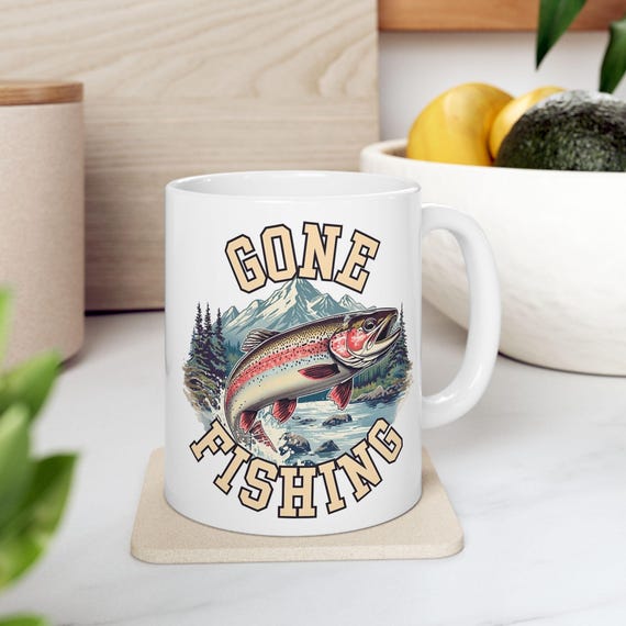 Gone Fishing Mug, Vintage Rainbow Trout Fly Fishing Coffee Cup additional view 3