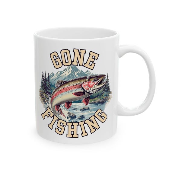 Gone Fishing Mug, Vintage Rainbow Trout Fly Fishing Coffee Cup additional view 8