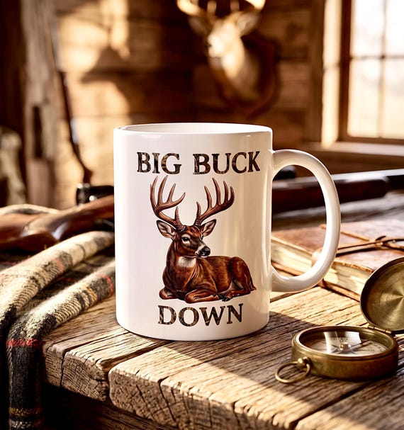 Big Buck Down Mug, Whitetail Deer Hunter Coffee Cup additional view 3