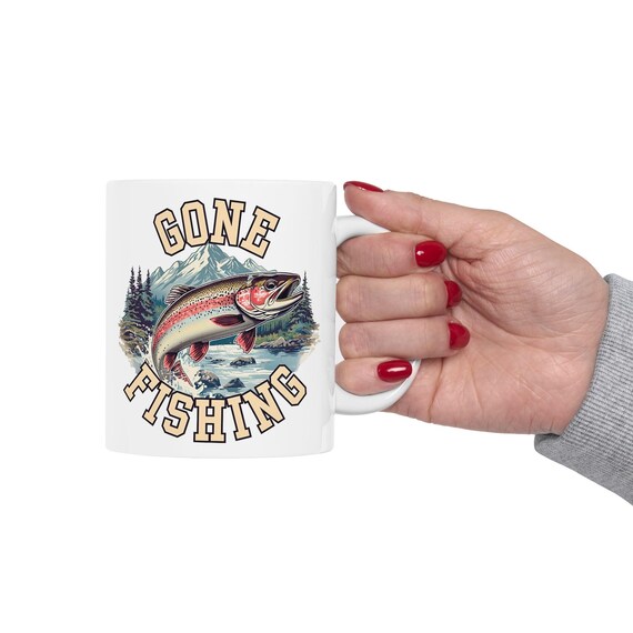 Gone Fishing Mug, Vintage Rainbow Trout Fly Fishing Coffee Cup additional view 6