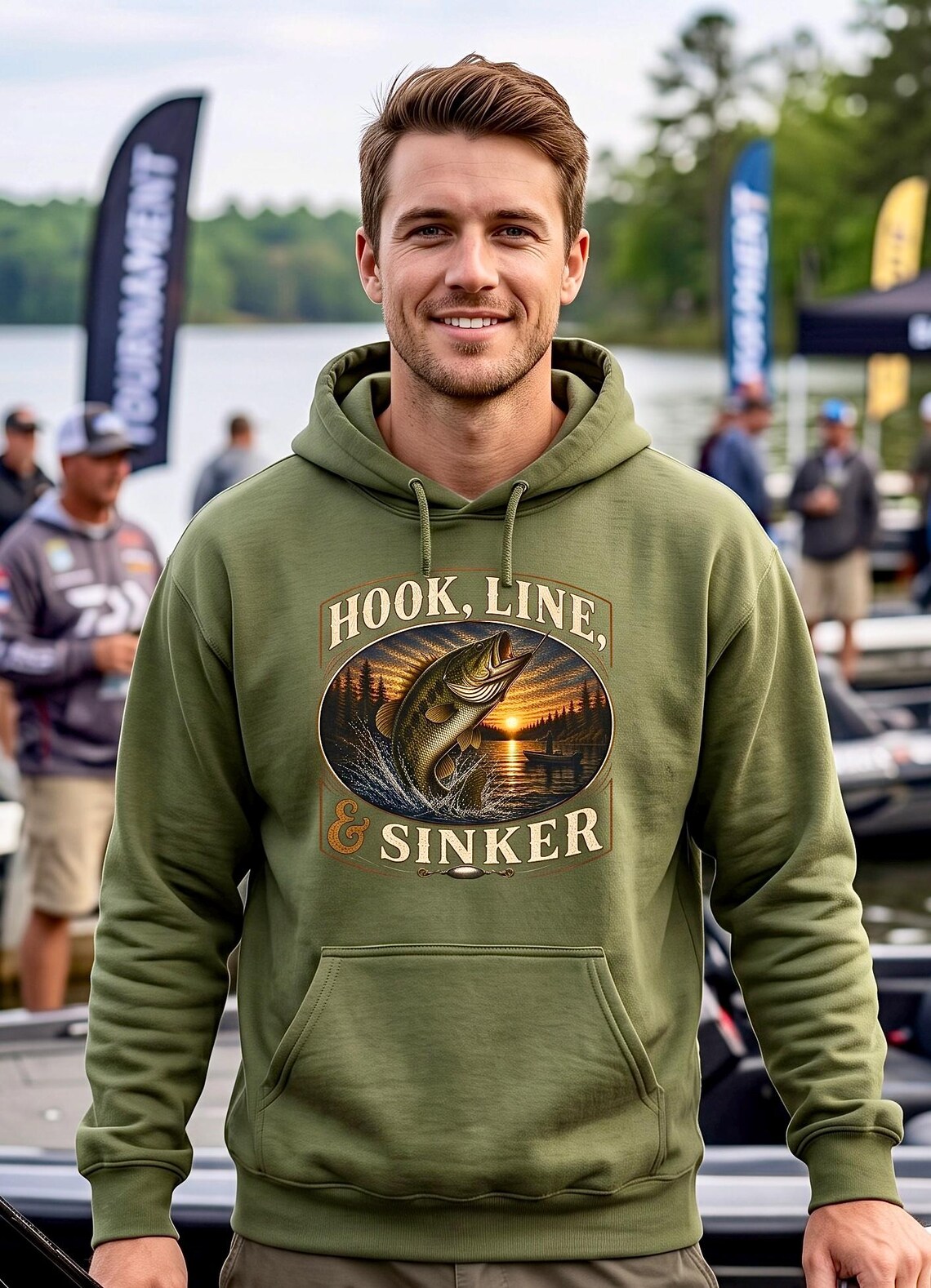 Bass Fishing Hoodie, Hook Line and Sinker Lake Sunset Sweatshirt, Trophy Bass Fisherman Gift for Dad Mom, Fishing Birthday Christmas Gift product photo