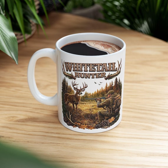 Whitetail Deer Hunting Scene Mug, Whitetail Buck and Rifle Hunter Coffee Cup additional view 4