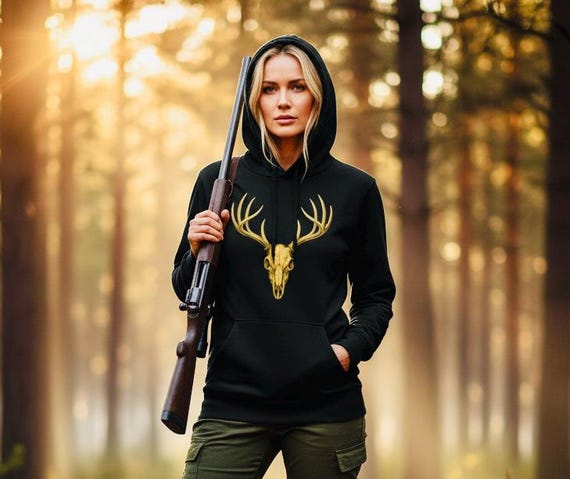 Whitetail Deer Skull Hoodie, Rustic Nature Graphic Long Sleeve Tee additional view 9