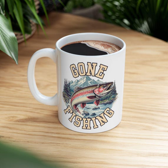 Gone Fishing Mug, Vintage Rainbow Trout Fly Fishing Coffee Cup additional view 5