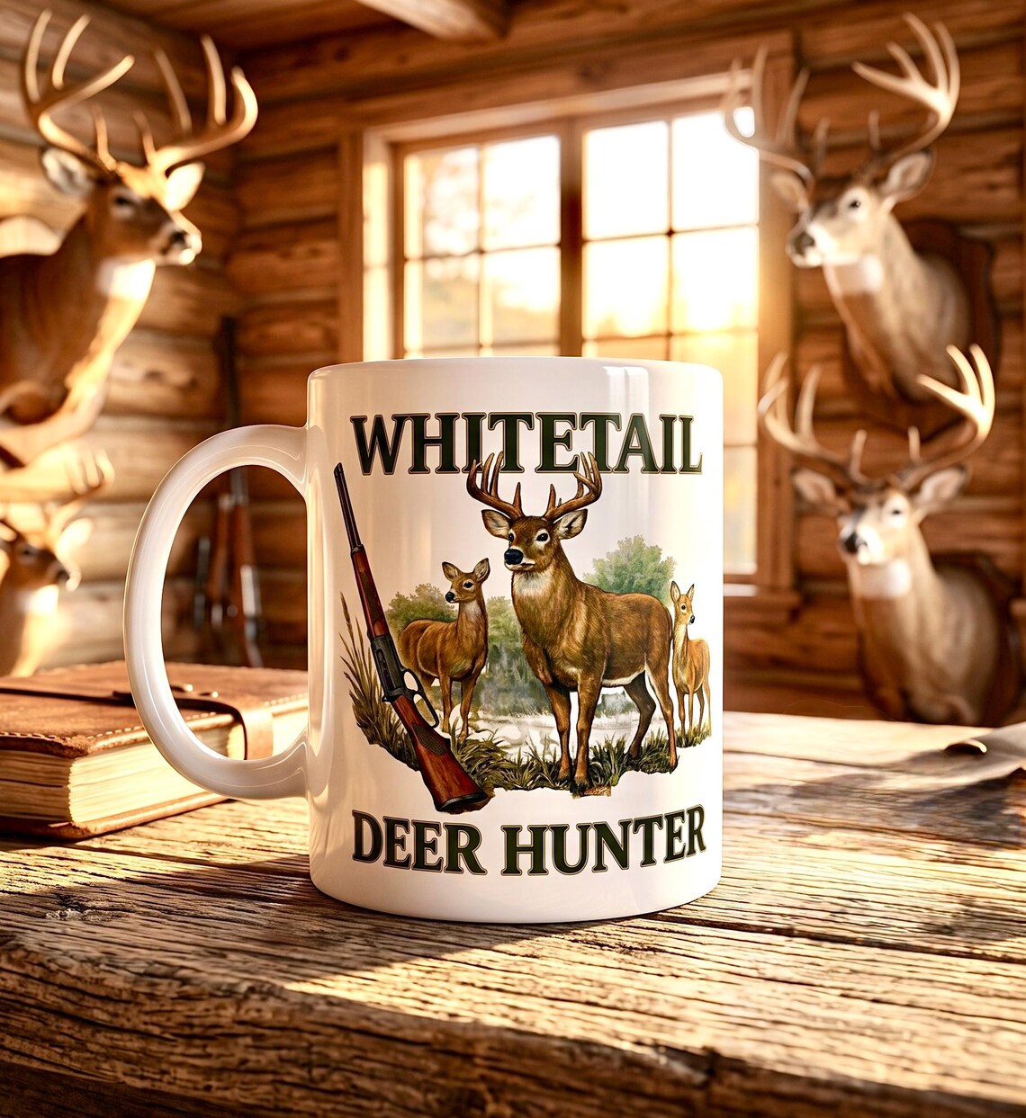 Whitetail Deer Hunter Mug, Buck and Rifle Hunting Coffee Cup product photo