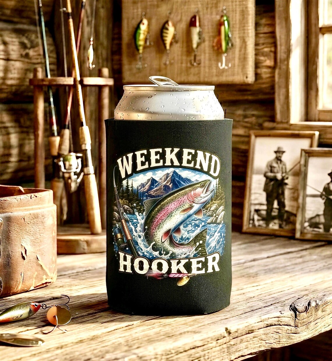 Funny Fishing Koozie, Rainbow Trout Can Cooler, Fishing Gift for Men Women product photo