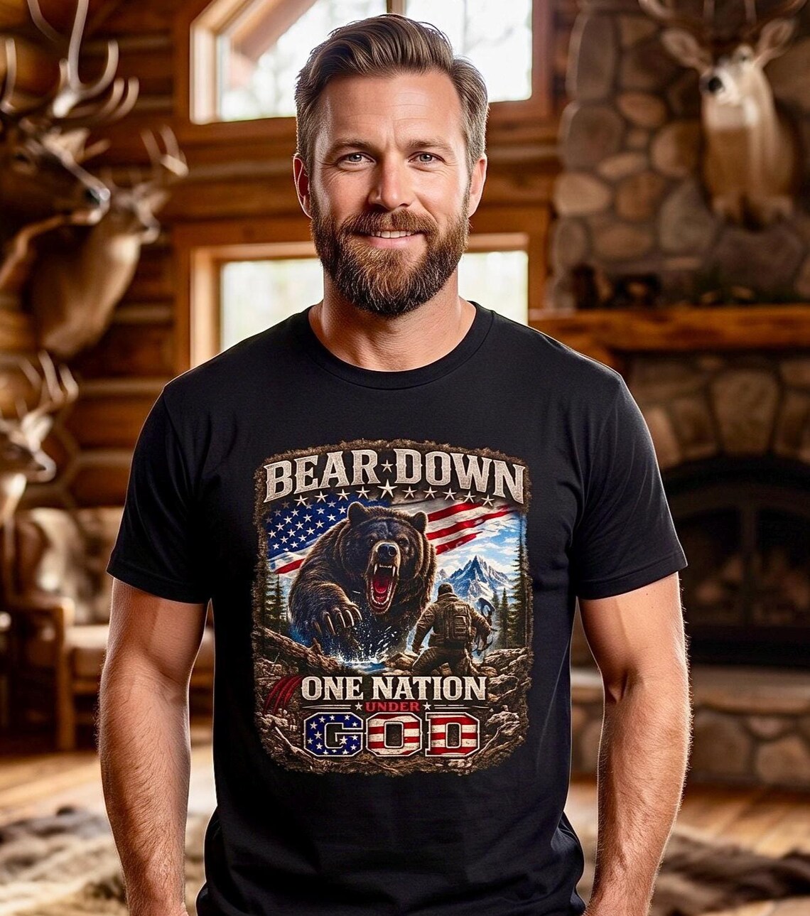 Bear Down One Nation Under God Shirt, Patriotic Bear Hunting Tee product photo