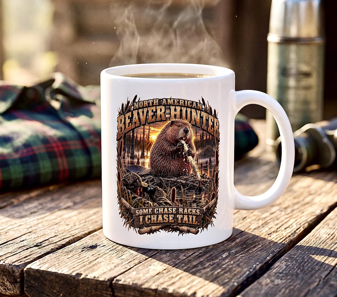North American Beaver Hunter Mug chase tail funny hunting coffee cup product photo