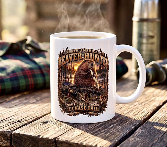 North American Beaver Hunter Mug chase tail funny hunting coffee cup product photo
