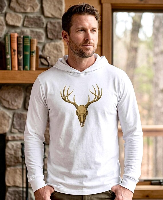 Whitetail Deer Skull Hoodie, Rustic Nature Graphic Long Sleeve Tee additional view 2