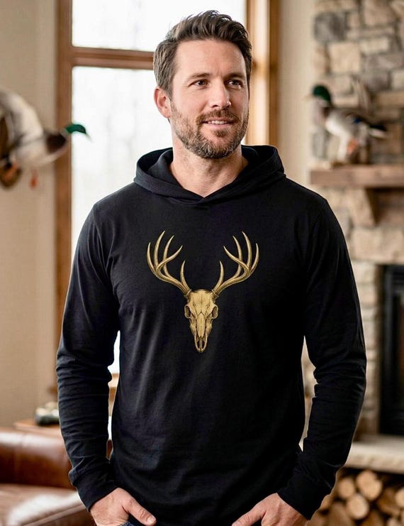 Whitetail Deer Skull Hoodie, Rustic Nature Graphic Long Sleeve Tee product photo