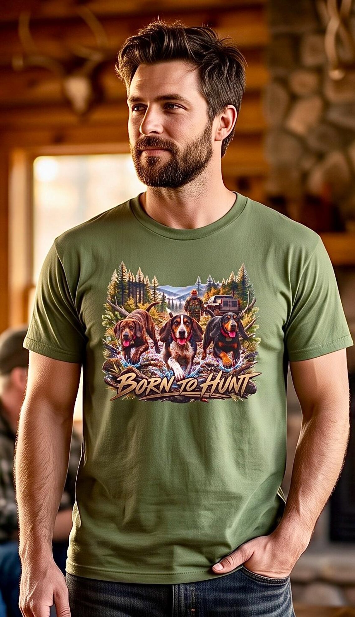 Born to Hunt Shirt with coonhound hunting scene product photo