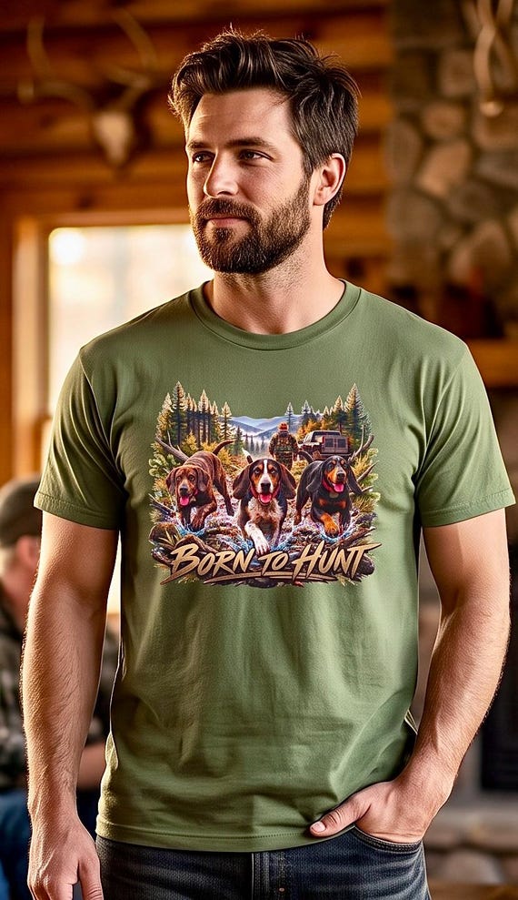 Born to Hunt Shirt with coonhound hunting scene product photo