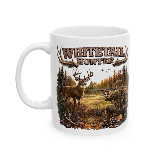 Whitetail Deer Hunting Scene Mug, Whitetail Buck and Rifle Hunter Coffee Cup additional view 8