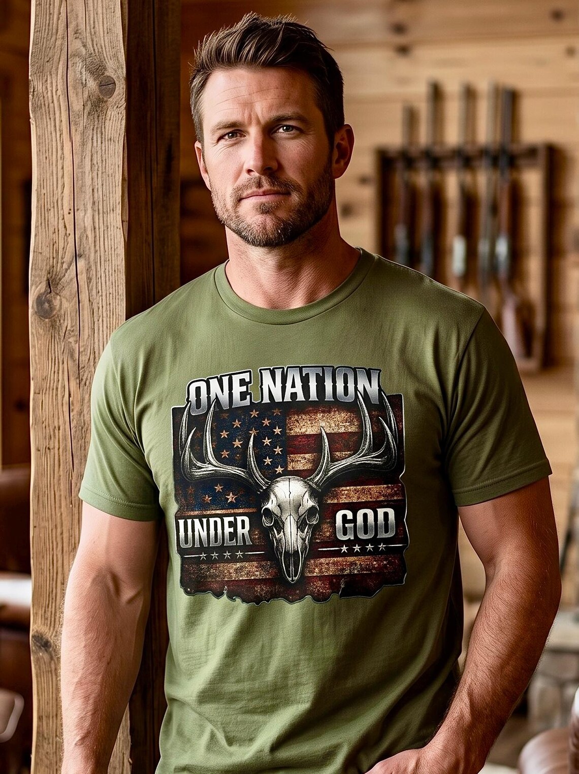 Whitetail American Flag One Nation Under God Shirt product photo
