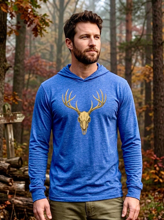Whitetail Deer Skull Hoodie, Rustic Nature Graphic Long Sleeve Tee additional view 6