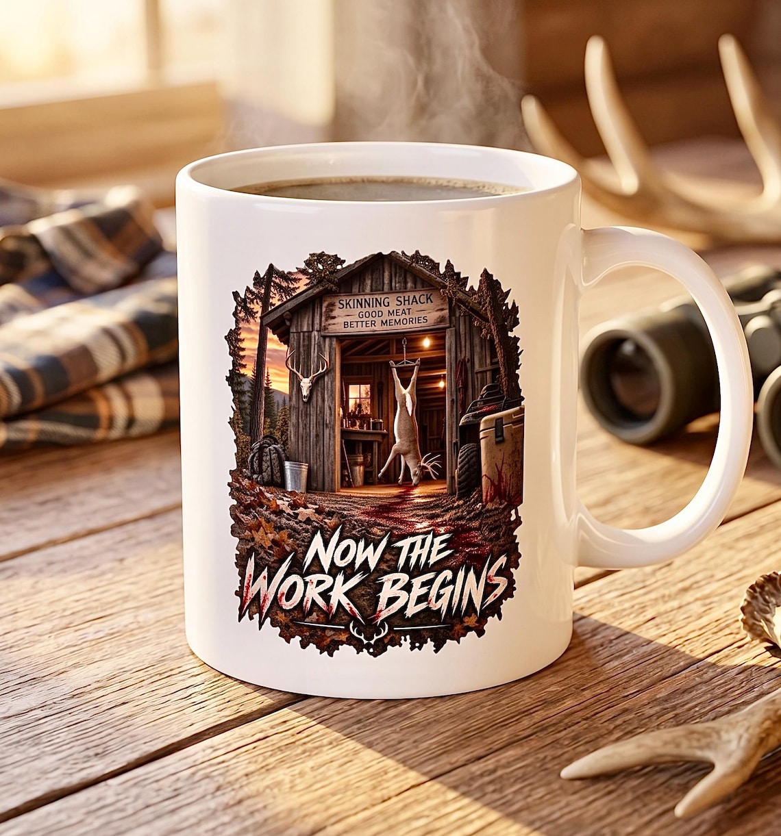 Now The Work Begins Skinning Shed Mug product photo