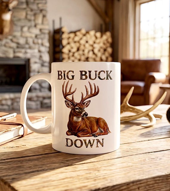 Big Buck Down Mug, Whitetail Deer Hunter Coffee Cup product photo