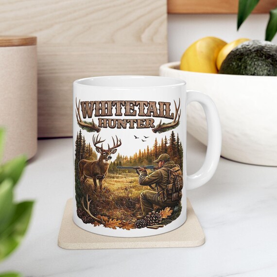 Whitetail Deer Hunting Scene Mug, Whitetail Buck and Rifle Hunter Coffee Cup additional view 3