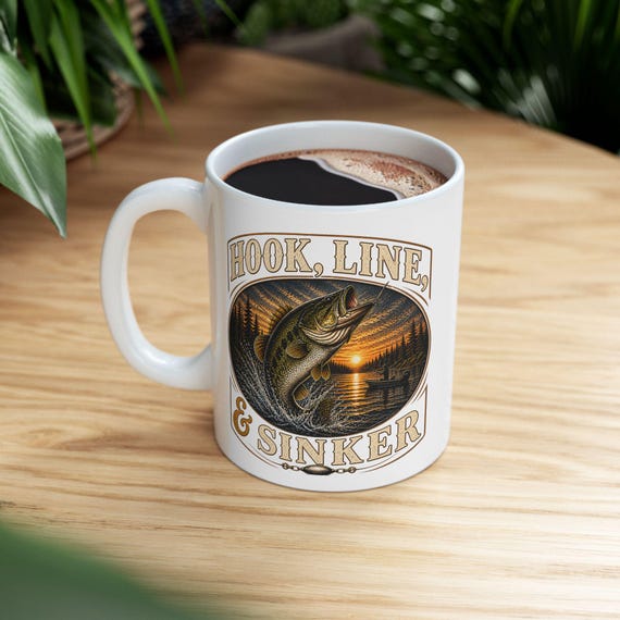 Trophy Bass Fishing Mug, Hook Line and Sinker Lake Sunset Coffee Cup, Bass Fisherman Gift for Dad Mom, Fishing Birthday Christmas Gift additional view 4