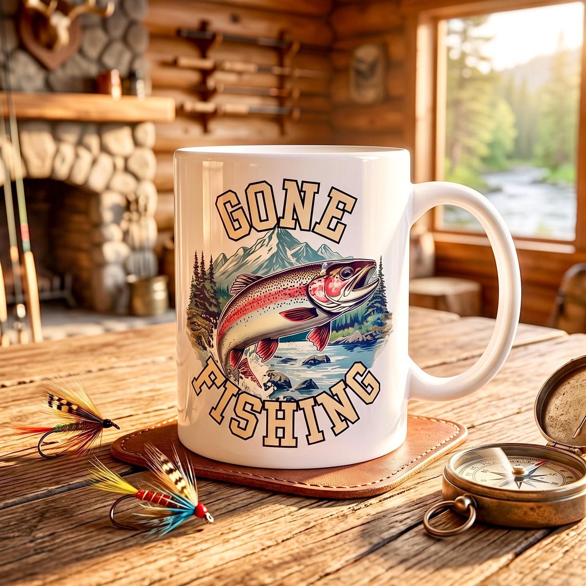 Gone Fishing Mug, Vintage Rainbow Trout Fly Fishing Coffee Cup product photo