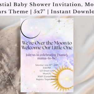 Celestial Baby Shower Invitation – Moon and Stars Baby Invite Template, Digital Download, Gender Neutral, Printable Baby Shower Invite