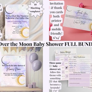 Over the Moon Baby Shower Bundle – Celestial Theme Games, Signs, Invitations, Favor Tags & More – Printable Baby Shower Set