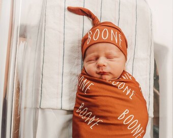 Baby Name Blanket Hat Set, Personalized Swaddle Hospital Photos, Copper Orange Rust Boy Beanie, Boho Trendy Shower Gift, Custom Print Name