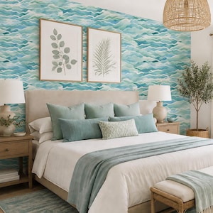 Abstract Ocean Waves Wallpaper, Coastal Beach House Wall Mural