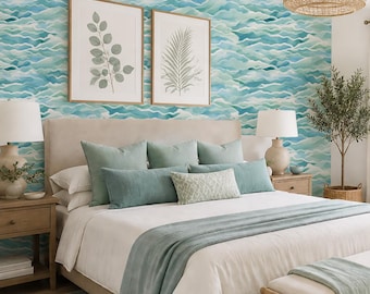 Abstract Ocean Waves Wallpaper, Coastal Beach House Wall Mural