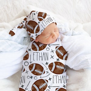 Football Season Newborn Personalized Baby Swaddle Blanket Set / Newborn Beanie Knotted Hat / Baby Shower Gift / Custom Print Name