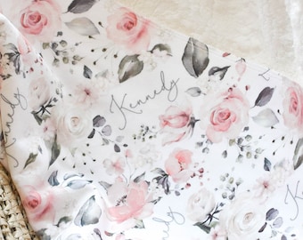 Soft Pink Floral Blanket Personalized Name, Plush Sherpa New Mom Baby Shower Gift, Hospital Newborn Photos Prop