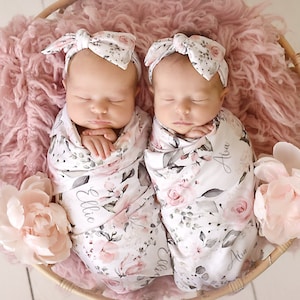 Soft Floral Rose Swaddle Blanket Headband Hat Gown Set, Personalized Baby Shower Gift, Hospital Newborn Photos Prop, Coming Home Pink Flower