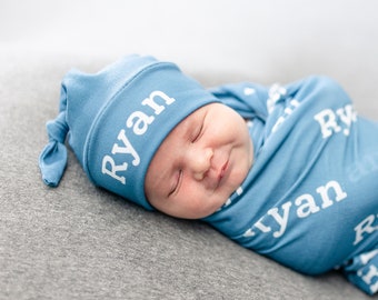 Baby Blue Swaddle and Hat Set / Newborn Name Reveal / Baby Boy Hospital Photos / Coming Home Outfit / Hat with Name Blanket / Custom Name