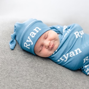 Baby Blue Swaddle and Hat Set / Newborn Name Reveal / Baby Boy Hospital Photos / Coming Home Outfit / Hat with Name Blanket / Custom Name