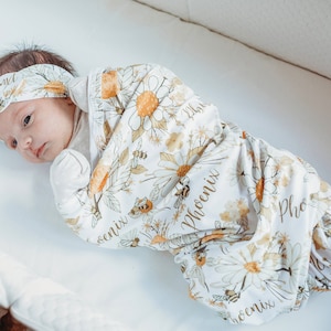 Personalized Baby Swaddle Blanket Set / Newborn Beanie Knotted Hat / Baby Shower Gift / Vintage Honey Bee / Muted Colors / Hattie Collection