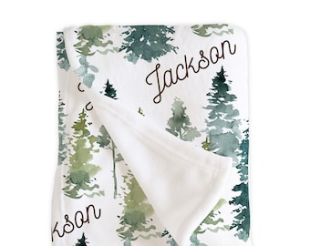 Fir Tree Personalized Blanket, Name Woodland Forest Nursery Set, Crib Sheet Changing Pad Cover, New Mom Baby Shower Gift