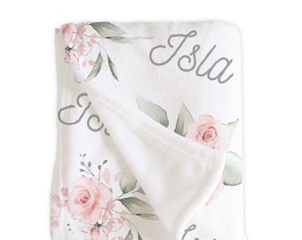 Romantic Boho Floral Blanket with Name / Custom Baby Blanket / Pink Floral Baby Girl Gift / Isla Collection