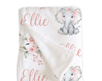 Personalized Elephant Baby Girl Blanket, Newborn Infant Tween Teen, Name Custom Gift, Pink Flowers, Shower Gift, Boho Chic, Ellie Collection