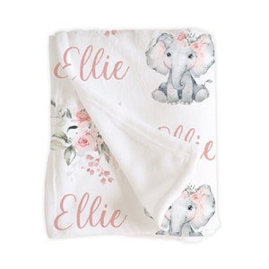 Personalized Elephant Baby Girl Blanket, Newborn Infant Tween Teen, Name Custom Gift, Pink Flowers, Shower Gift, Boho Chic, Ellie Collection