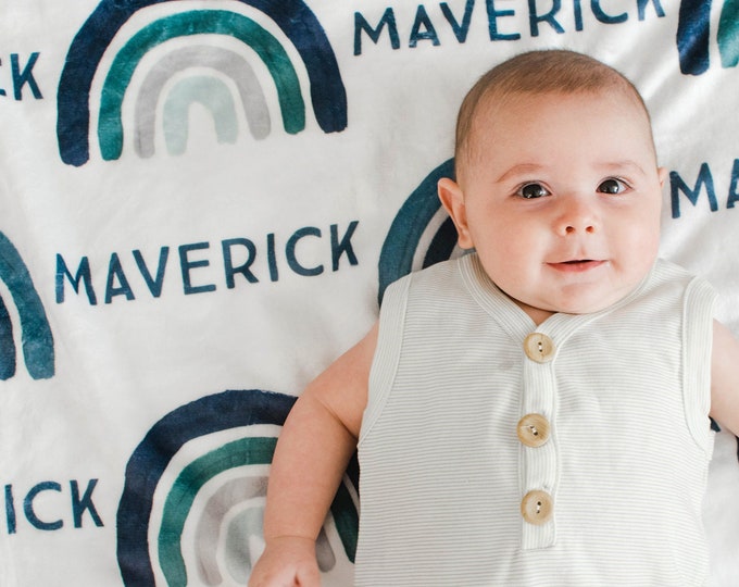 Personalized Rainbow Blanket, Baby Boy, Navy Sky Blue Teal Rainbows