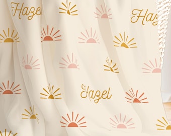 Personalized Retro Sun Blanket, Minky, Sherpa, Copper Pink Groovy Sun, Neutral Trendy Earthy Colors, Custom Name, Fluffy Sherpa Blanket