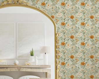 Peonies and Wildflowers Floral Wallpaper, Vintage Garden Botanical, Sage Green Orange, Peel & Stick Removable, Unpasted Traditional Option,