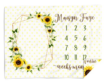 Sunflower Monthly Milestone Baby Blanket / Personalized Newborn Swaddle / Baby Shower Gift / Monogram Hospital Blanket