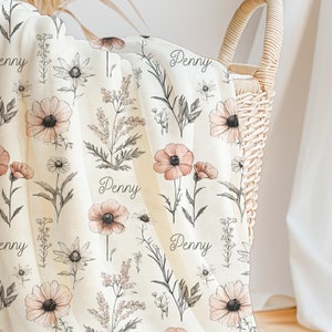 Personalized Vintage Wildflower Blanket, Minky, Sherpa, Cream Pink Mauve Flower Garden, Pressed Dried, Earthy Colors, Custom Name