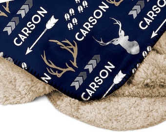 Personalized Hunting Blanket with Name, Baby Boy, Navy, Arrow Antler, Sherpa or Minky, Birthday Newborn Christmas Gift, Deer Collection