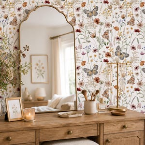 Garden Butterfly Wallpaper, Vintage Floral Cottagecore Removable Mural